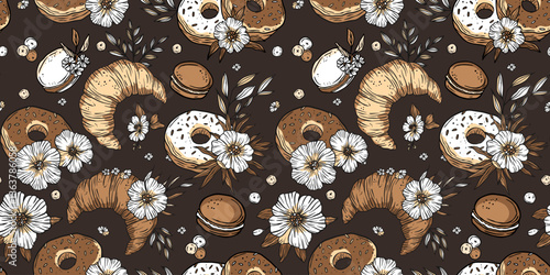 Bakery Sketch Vintage Pattern Donut and Macaron Sweet Pastry Seamless Background Doodle Patisserie Vector
