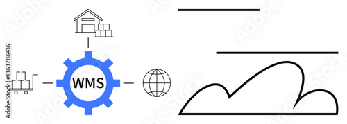 Warehouse with packages, gear labeled WMS, trolley, globe, and cloud. Ideal for logistics, automation, inventory networking software cloud migration e-commerce. Flat simple metaphor