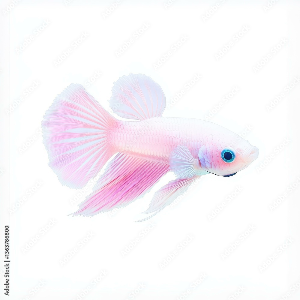 Fototapeta premium A vibrant Betta fish flaunts its colorful fins, gracefully swimming against a crisp white backdrop, showcasing its beauty.