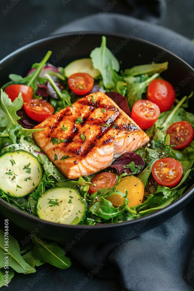 Grilled Salmon on Green Salad with Tomatoes and Cucumber Grilled Salmon on Green Salad with Tomatoes and Cucumber