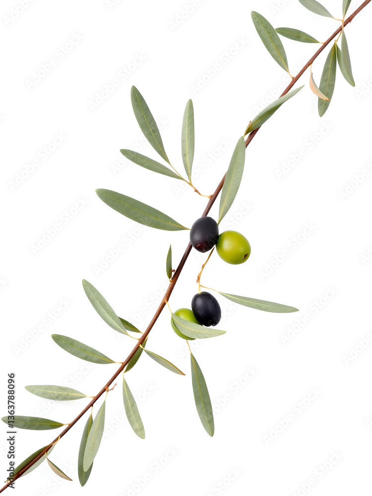 Elegant olive branch isolated on a white backdrop for organic themes and eco-friendly designs in natural lifestyle and wellness projects