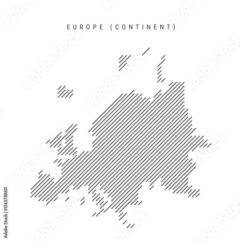 Europe map from pattern of black slanted parallel lines. Continent map with gray diagonal lines. Silhouette made of oblique hatching. Vector illustration isolated on white.