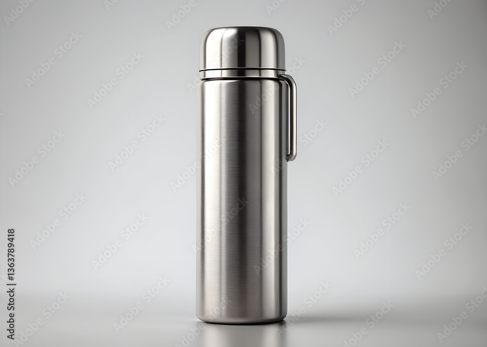 Sleek Steel: A close-up shot presents a stainless steel vacuum flask, its metallic surface reflecting light, showcasing minimalist design and functionality. Sleek Steel: A close-up shot presents a stainless steel vacuum flask, its metallic surface reflecting light, showcasing minimalist design and functionality.