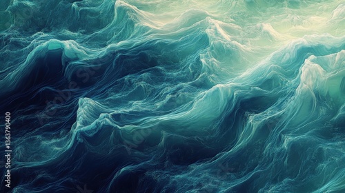 Abstract ocean wave patterns in glowing deep blue and light green hues create a surreal and dramatic background, evoking power, de