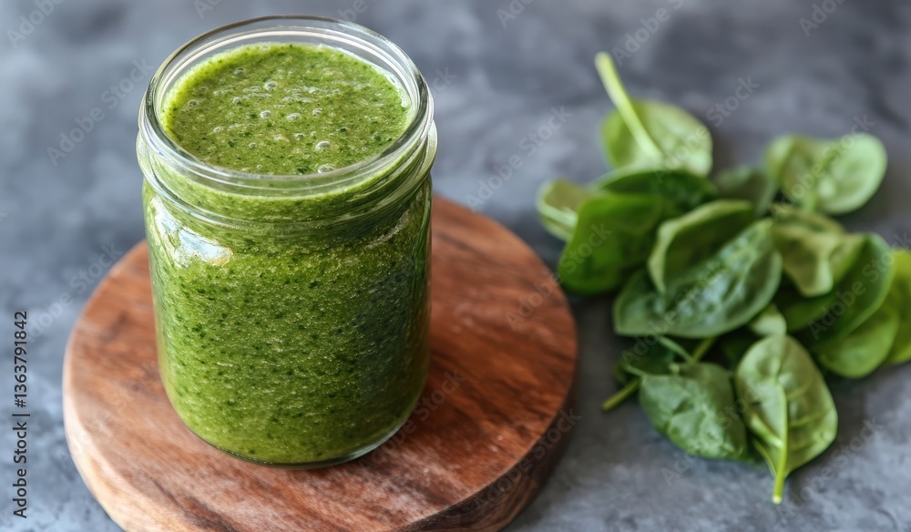 Green smoothie in jar, healthy drink, on wood coaster, spinach in background Green smoothie in jar, healthy drink, on wood coaster, spinach in background