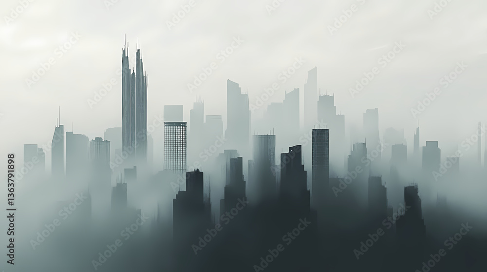 Cityscape shrouded in gray smog with silhouettes of buildings fading into the haze. generative ai. Shrouded Evolution. Illustration Cityscape shrouded in gray smog with silhouettes of buildings fading into the haze. generative ai. Shrouded Evolution. Illustration