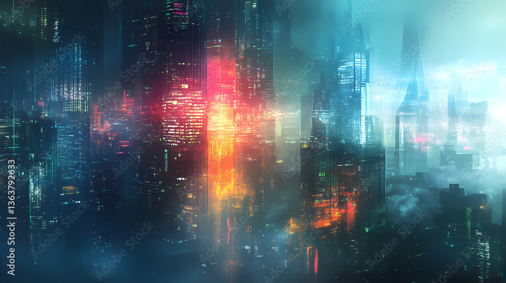 Naklejka premium Glowing metropolis: an abstract, futuristic city scene with glowing buildings, suggesting a technological or digital theme, is shrouded in mist. Shrouded Evolution. Illustration