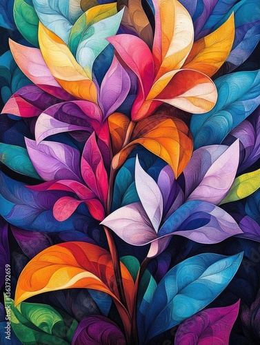 Wallpaper Mural Vibrant abstract floral artwork showcasing colorful leaves and petals against a dark backdrop Torontodigital.ca