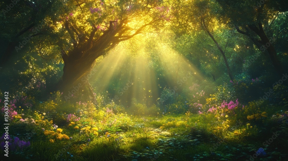 Obraz premium Sunlit forest glade filled with vibrant flowers and lush greenery. Sunlight streams through the trees, creating a magical atmosphere