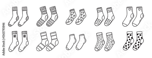 Cute socks doodle hand drawn icon set. Outline drawing cute socks line clipart symbol collection