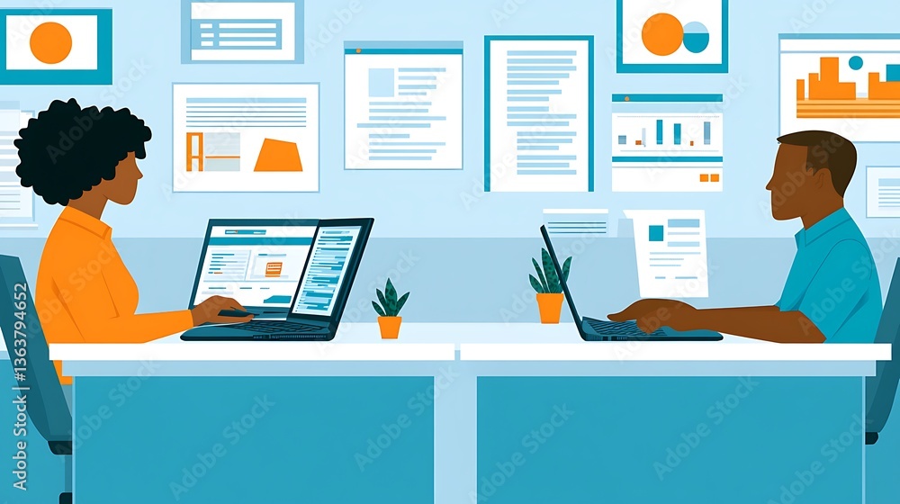 Two colleagues collaborating on laptops in a modern office. Two colleagues collaborating on laptops in a modern office.