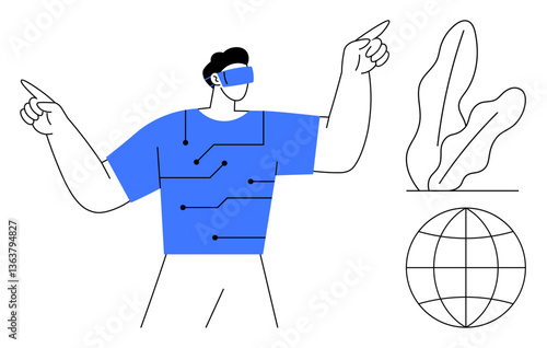 Wallpaper Mural Individual wearing VR headset, interacting with digital elements. Circuitry on shirt symbolizes connectivity. Globe, plant suggest innovation, eco-awareness. Ideal for technology, sustainability Torontodigital.ca