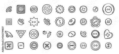 Sewing buttons line hand drawn doodle art icons set. Sewing accessories clothes various outline shapes. 