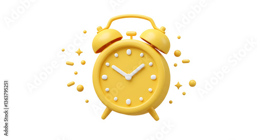 3D Yellow vintage alarm clock. Meeting reminder. Good morning. Wake up time. Important dar or date. Office work and deadline. Cartoon creative design icon. 3D Vector illustration