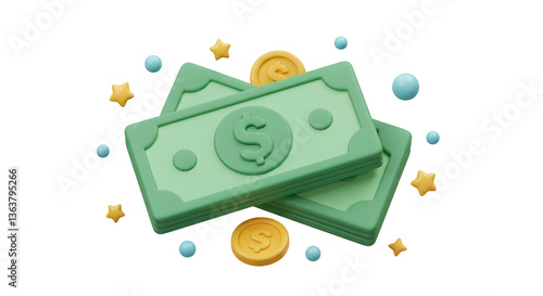 3D Green Paper Money and Gold floating Coins. Dollar banknote. Cash payment bill. Financial market. Finance profit. Win lottery concept. Cartoon creative design isolated on white. 3D Vector Object