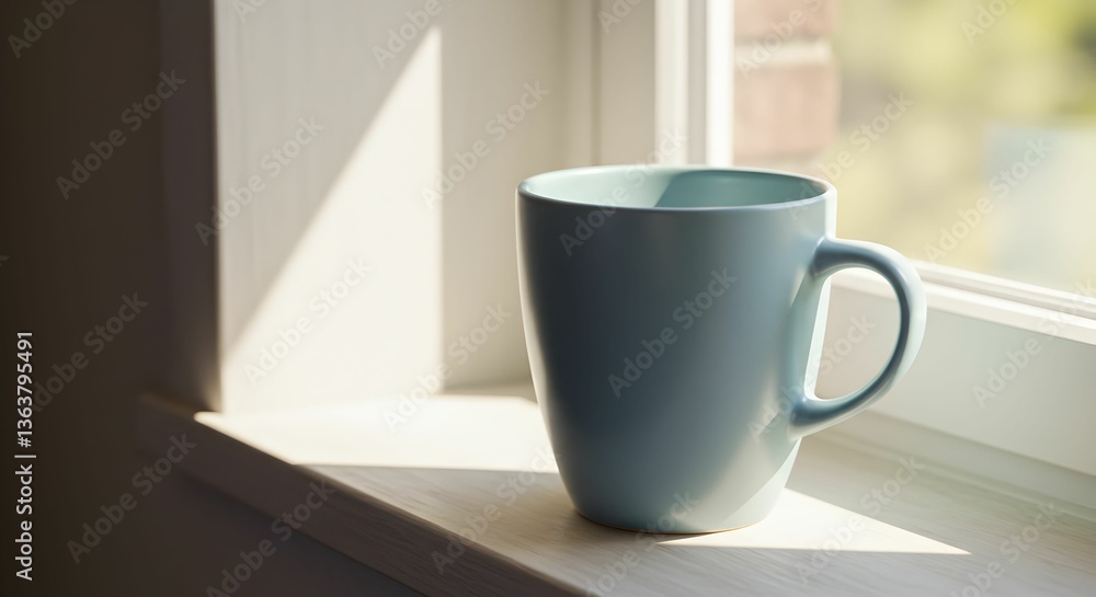 Light Blue Mug On Windowsill In Sunlight Light Blue Mug On Windowsill In Sunlight