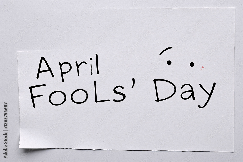 Handwritten April Fools' Day message on a white sheet of paper, accompanied by a small doodle face with eyes and eyebrow. Handwritten April Fools' Day message on a white sheet of paper, accompanied by a small doodle face with eyes and eyebrow.