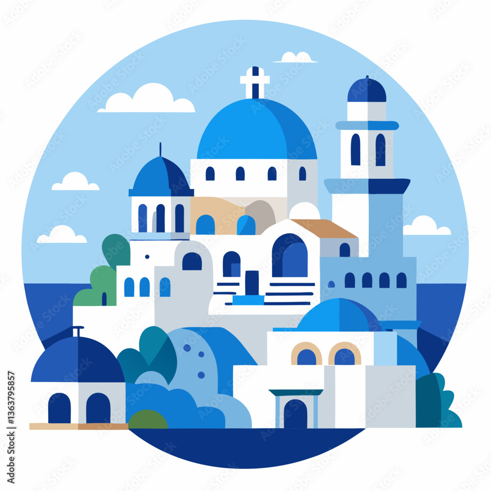 Fototapeta premium White domed Greek Orthodox church with a cross stands in Oia, Santorini, amidst ancient island architecture