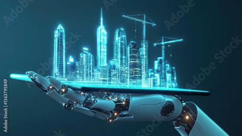 Fototapeta Naklejka Na Ścianę i Meble -  Robotic hand holds a tablet displaying a futuristic city model in construction