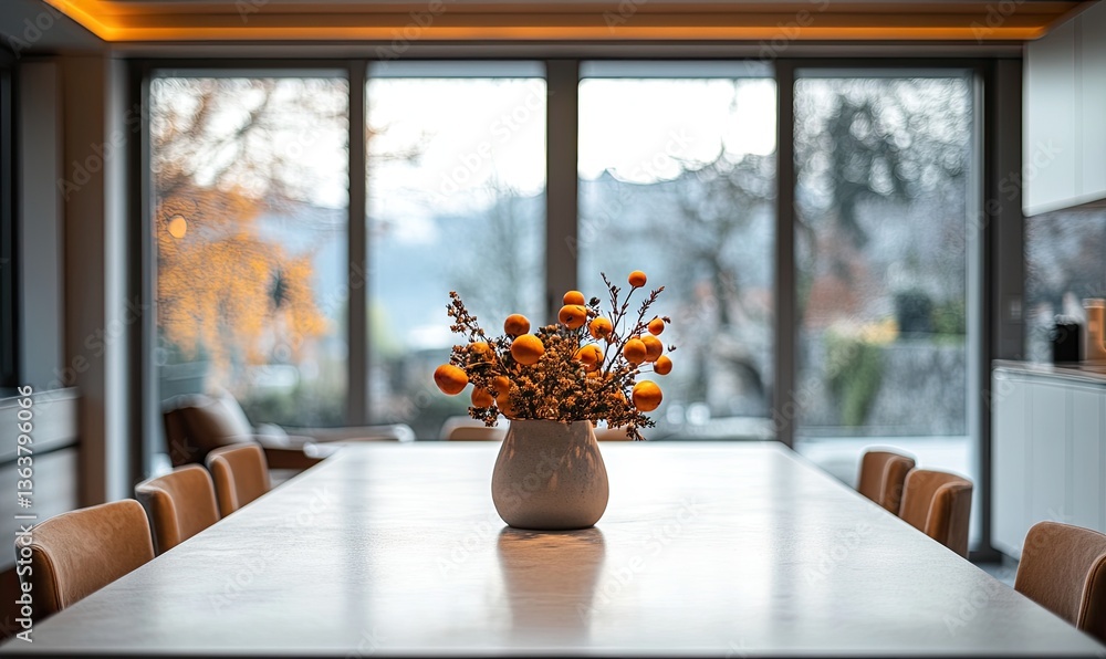 Modern dining room with a vase of decorative orange berries Modern dining room with a vase of decorative orange berries