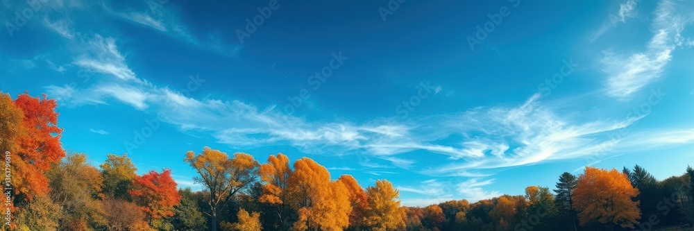 Fototapeta premium The image captures a panoramic view of a forest landscape during autumn
