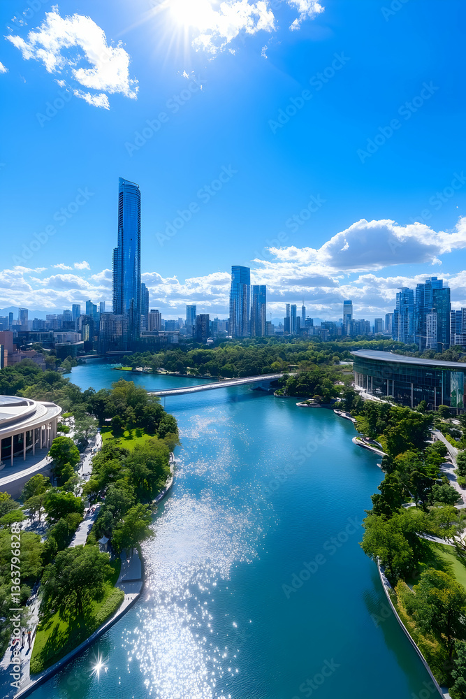 Obraz premium Vibrant cityscape with river, bridge, and lush greenery under sunny skies