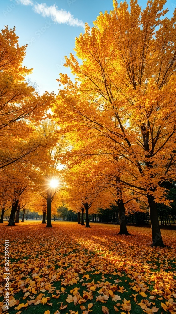 Naklejka premium Vibrant fall foliage illuminates a serene park as sunlight filters through golden trees in autumn