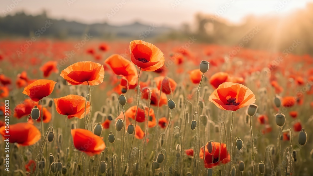 Fototapeta premium Close up shot of tender red poppy flower. Opium Poppy or Papaver somniferum. Poppy field in full bloom against sunlight. Remembrance Day, Memorial Day, Anzac Day