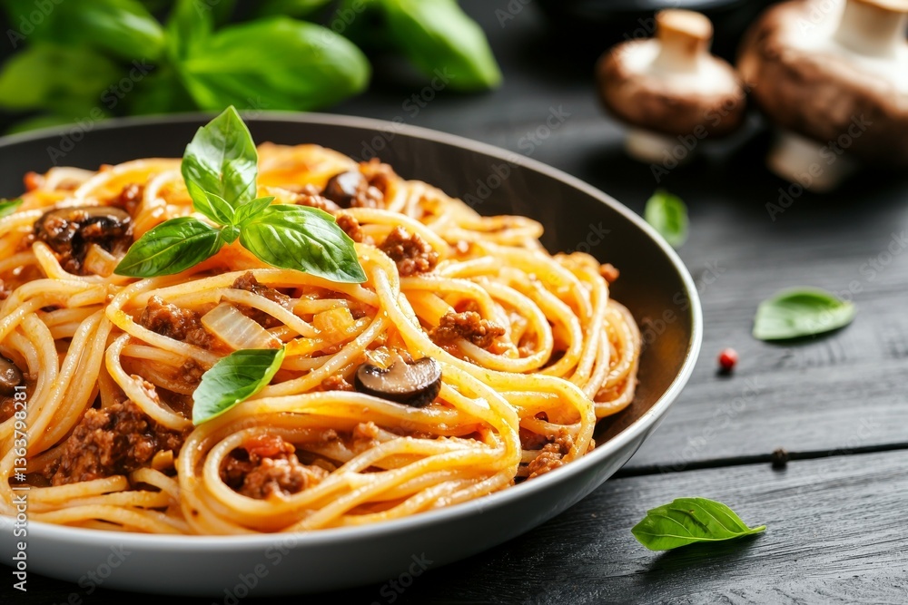Plate of spaghetti with meat and vegetables Plate of spaghetti with meat and vegetables