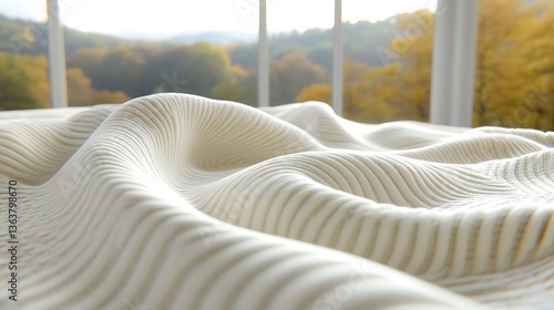 Close-up view of fabric texture resembling a landscape with hills under soft lighting and nature in the background