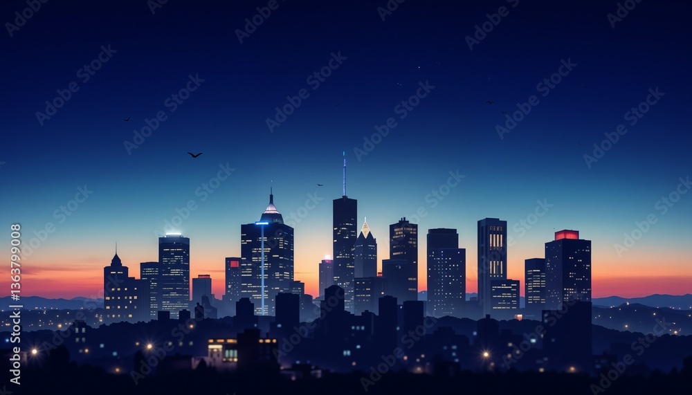 Fototapeta premium City skyline at dusk with glowing buildings and a sunset background 