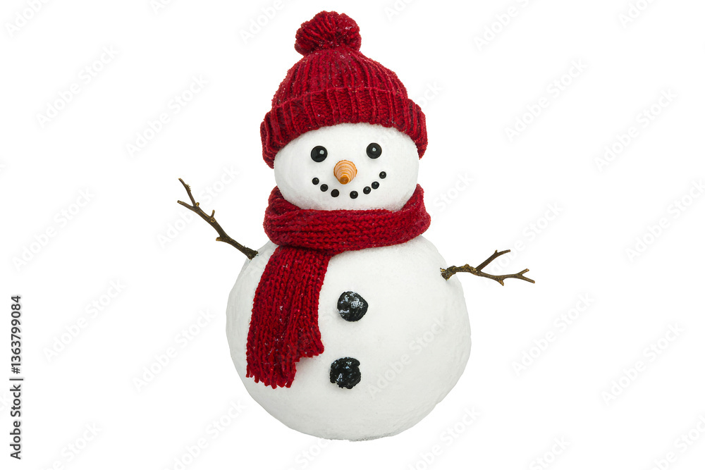Snowman in red hat and scarf, festive decoration, cut out transparent Snowman in red hat and scarf, festive decoration, cut out transparent