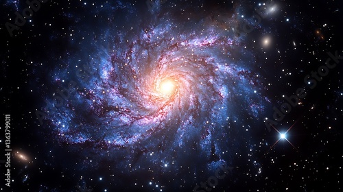 Spiral galaxy in deep space with vibrant colors and stars.