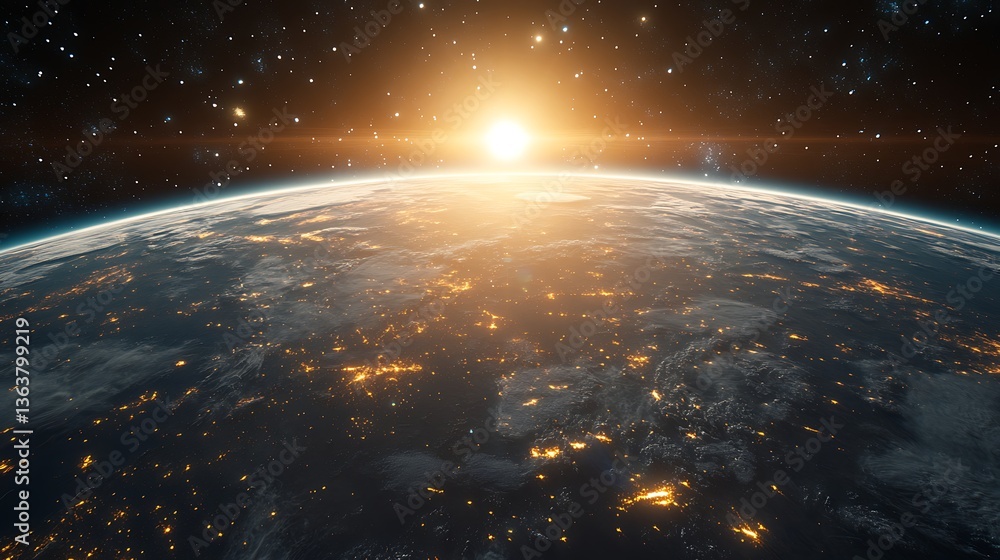 Spacecraft Orbiting Earth at Sunrise, A spacecraft orbiting Earth with solar panels, illuminated by the sun rising on the horizon Spacecraft Orbiting Earth at Sunrise, A spacecraft orbiting Earth with solar panels, illuminated by the sun rising on the horizon
