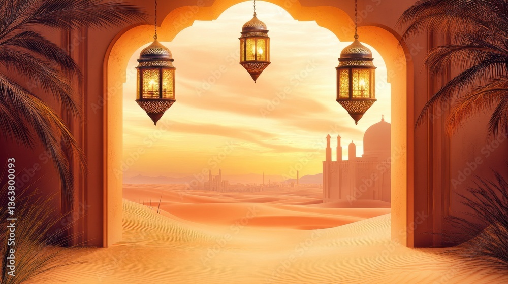 Traditional Islamic archway with hanging lamps, serene desert landscape, Eid greeting. Traditional Islamic archway with hanging lamps, serene desert landscape, Eid greeting.
