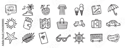 travel doodle hand drawn icon set. Outline drawing travel tourism line clipart symbols