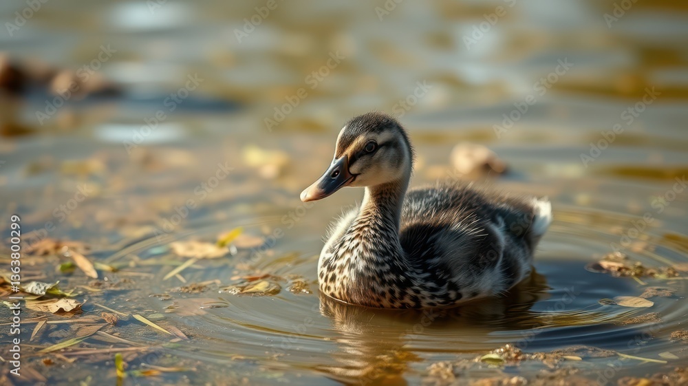 Young duckling swims gracefully in a serene pond surrounded by autumn leaves during golden hour Young duckling swims gracefully in a serene pond surrounded by autumn leaves during golden hour