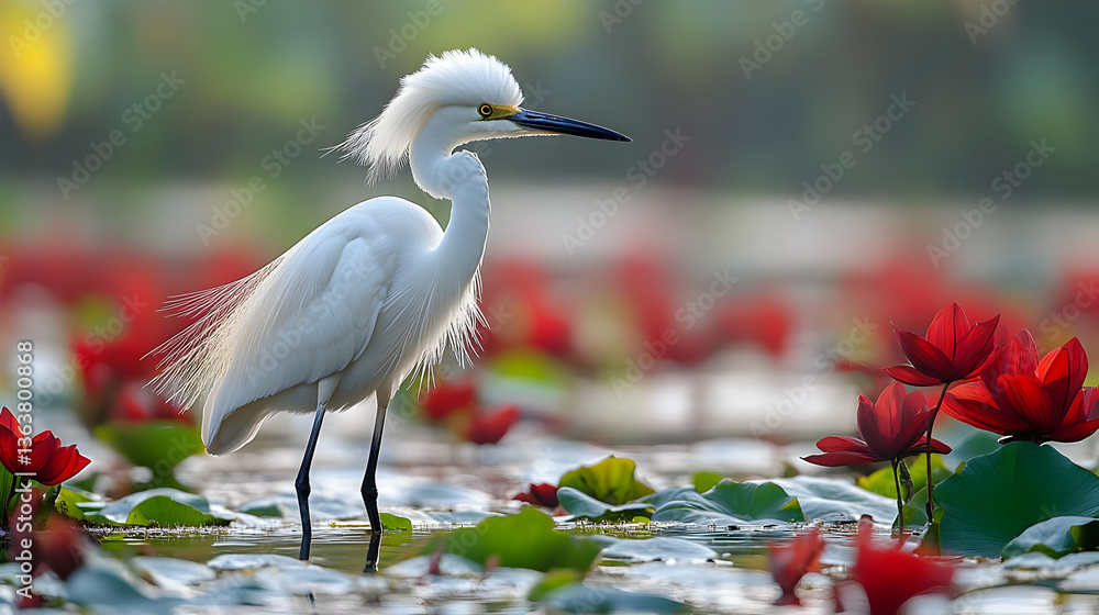 Naklejka premium White Heron In A Pond With Red Lotus Flowers