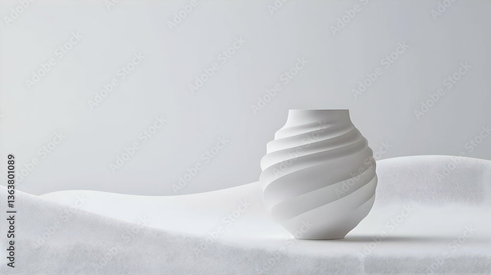 White Ceramic Vase With Swirl Design Set On A White Surface Against A White Background In Studio Lighting White Ceramic Vase With Swirl Design Set On A White Surface Against A White Background In Studio Lighting