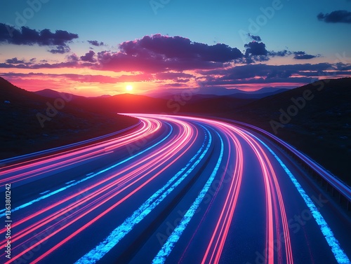 A scenic highway with light trails at a beautiful sunset