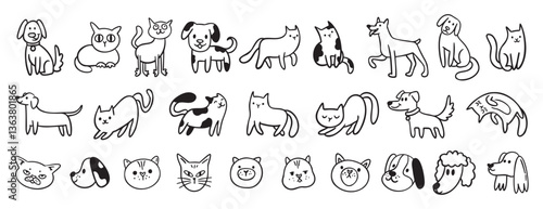 cute dogs and cats doodle hand drawn icon set. Sitting, standing. Outline drawing cats and dogs faces line clipart symbol collection