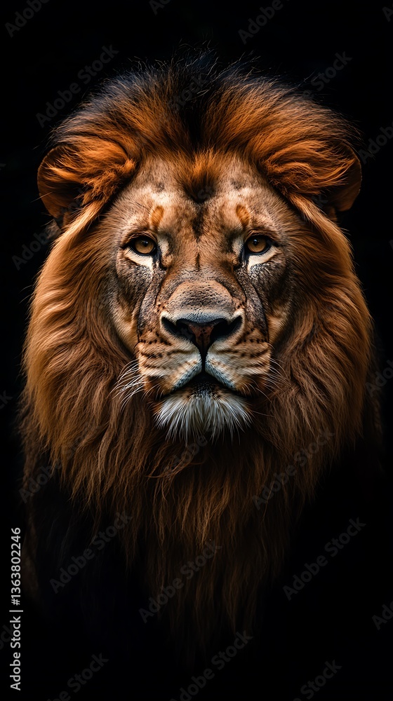 Fototapeta premium A stunning portrait depicts a majestic lion staring directly forward