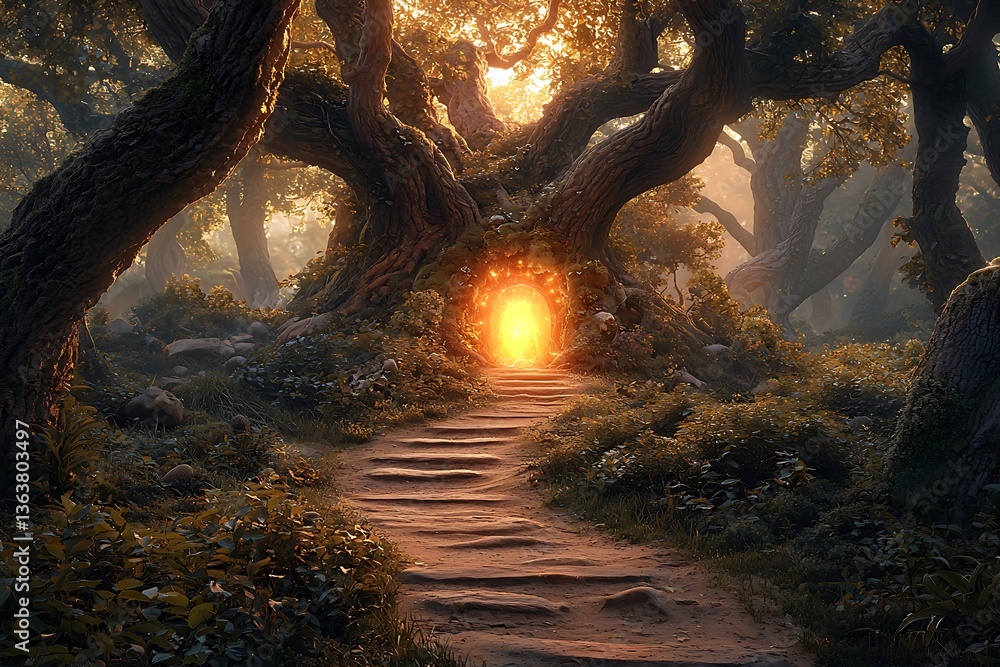 A fairytale forest path leading to a hidden glowing portal within ancient trees. A fairytale forest path leading to a hidden glowing portal within ancient trees.
