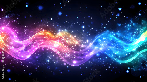 Vibrant, swirling nebula with sparkling dust and colorful light streaks