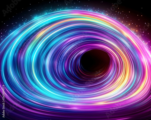 Vibrant swirling neon light tunnel against dark space background