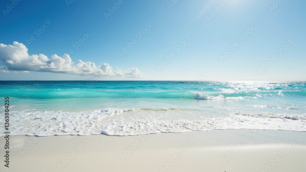serene beach scene with gentle waves lapping shore clear blue sky. vibrant turquoise water contrasts beautifully with soft