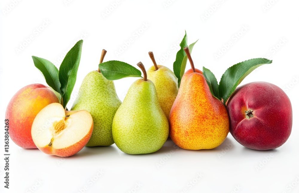 Fresh assortment of vibrant fruits featuring yellow and green pears, red apple, and peach, beautifully arranged with green leaves on a white background Fresh assortment of vibrant fruits featuring yellow and green pears, red apple, and peach, beautifully arranged with green leaves on a white background