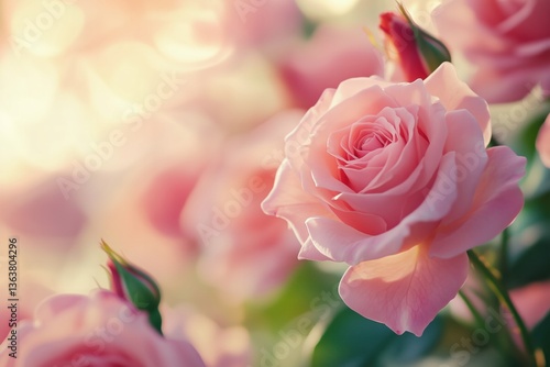 Pink roses in bloom against soft glowing background  