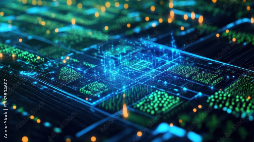 Digital city overlayed on a complex circuit board. Intricate network of glowing lines and points create a futuristic cityscape Digital city overlayed on a complex circuit board. Intricate network of glowing lines and points create a futuristic cityscape