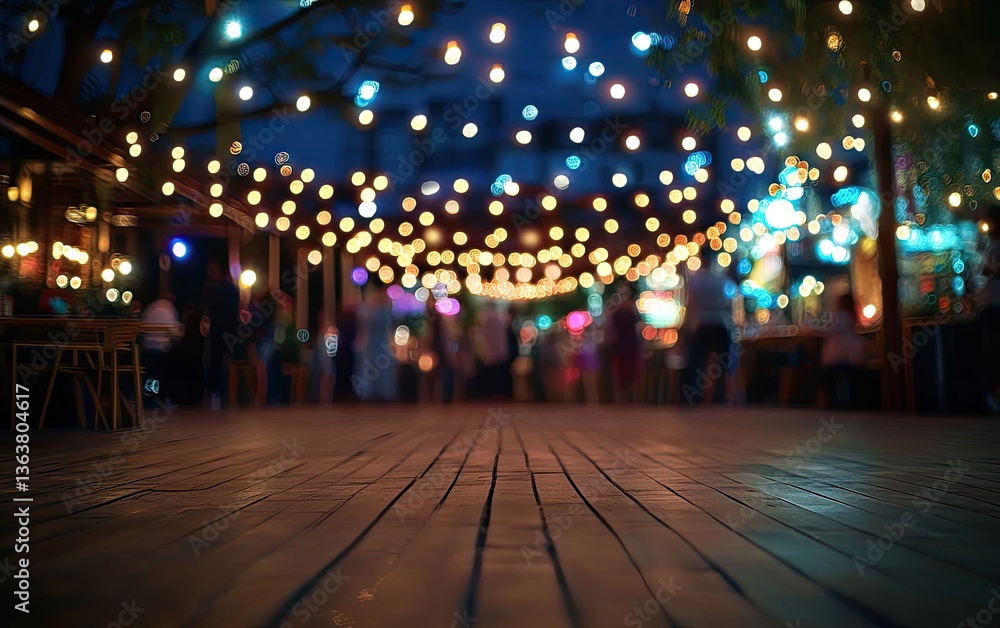 Outdoor dining area at night with string lights Outdoor dining area at night with string lights